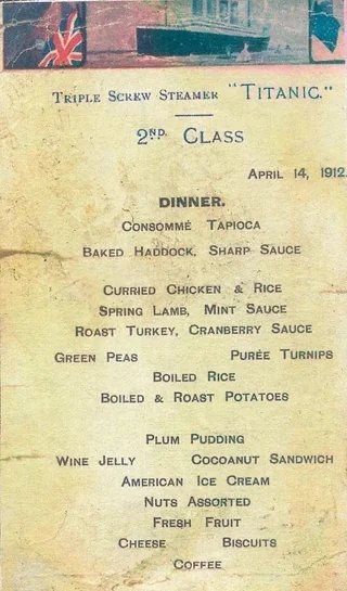 A look at the First, Second, and Third-Class menus aboard The Titanic ship when it sank