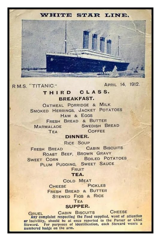 A look at the First, Second, and Third-Class menus aboard The Titanic ship when it sank