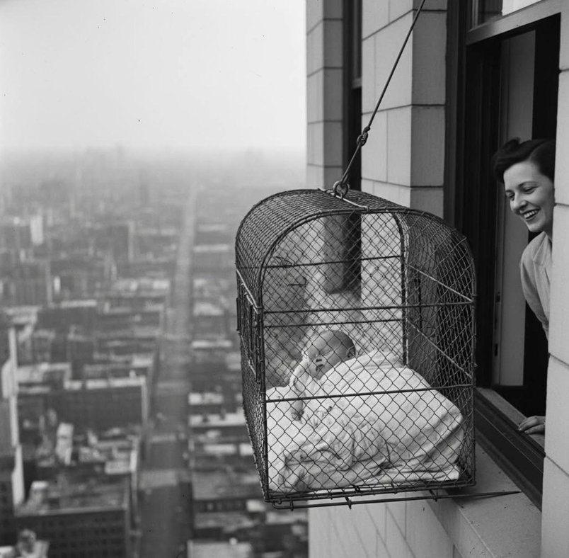 Some New York City, USA apartments had baby cages for fresh air in the 1920s–30s.