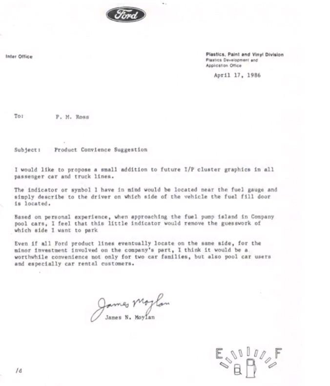 This is a copy of a 1986 memo where Ford design engineer James Moylan suggested adding a symbol to fuel gauges to show which side the petrol