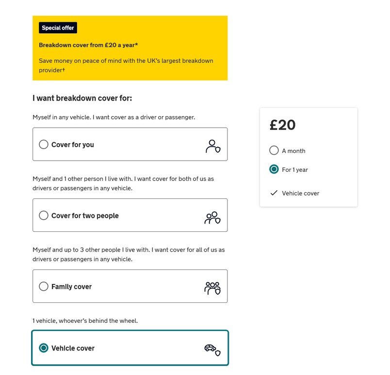 12 months (1 year) vehicle breakdown cover £20 from The AA