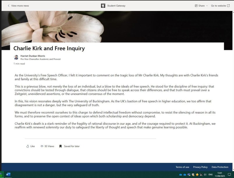 The Pro Vice-Chancellor of University of Buckingham, Harriet Dunbar-Morris, released a statement on behalf of the University about Charlie