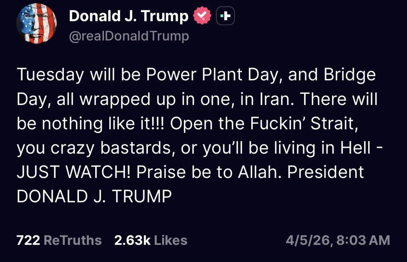 Trump has made yet another threat to Iran with a post on Easter Sunday saying: "Today will be Power Plant Day, and Bridge Day, all wrapped