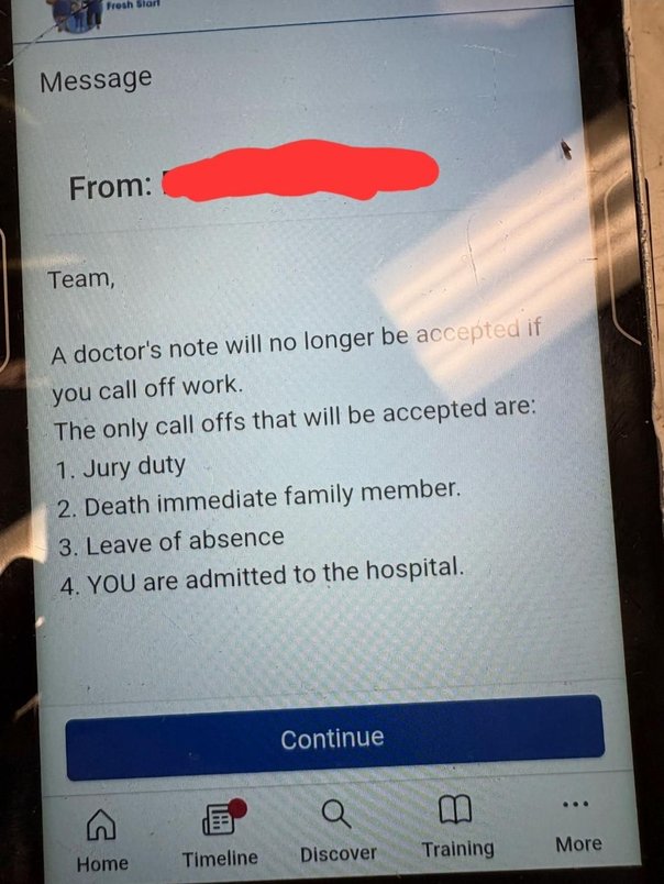 Kroger (a US company) tells its employees that a doctor's note "will no longer be accepted" for taking time off work.