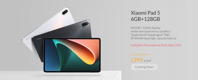 Xiaomi Mi Pad 5 6GB+128GB (Snapdragon 860, 11" WQHD+ 120Hz display, High capacity battery, 33W) £289 from Xiaomi UK
