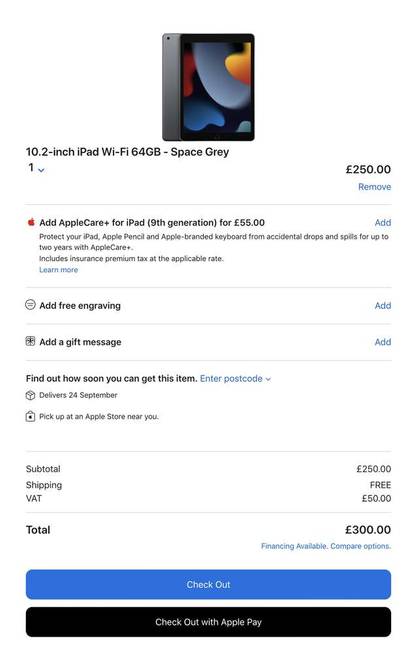 Apple iPad (9th Gen) A13 Chip 10.2" display £300, iPad Mini (6th Gen) A15 Chip 8.3" display £454.80 from Apple with student discount