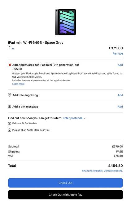 Apple iPad (9th Gen) A13 Chip 10.2" display £300, iPad Mini (6th Gen) A15 Chip 8.3" display £454.80 from Apple with student discount