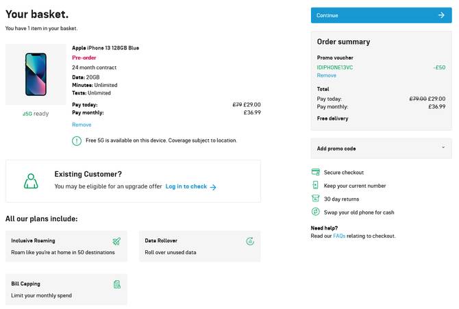 Apple iPhone 13 128GB with 20GB 5G data, unlimited calls + texts for £36.99pm with £29 upfront from ID Mobile