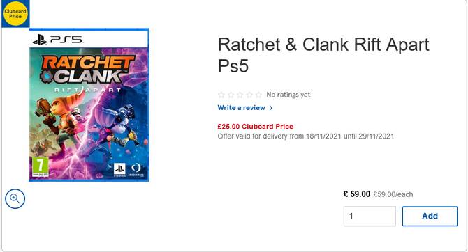 Ratchet & Clank Rift Apart PS5  £25 (Clubcard Price) from Tesco