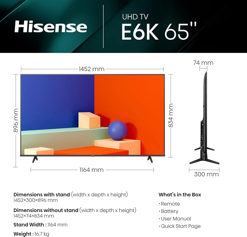 Hisense 65" inch UHD 4K TV 65E6KTUK - Direct Full Array LEDs, Dolby Vision, YouTube, Freeview £389