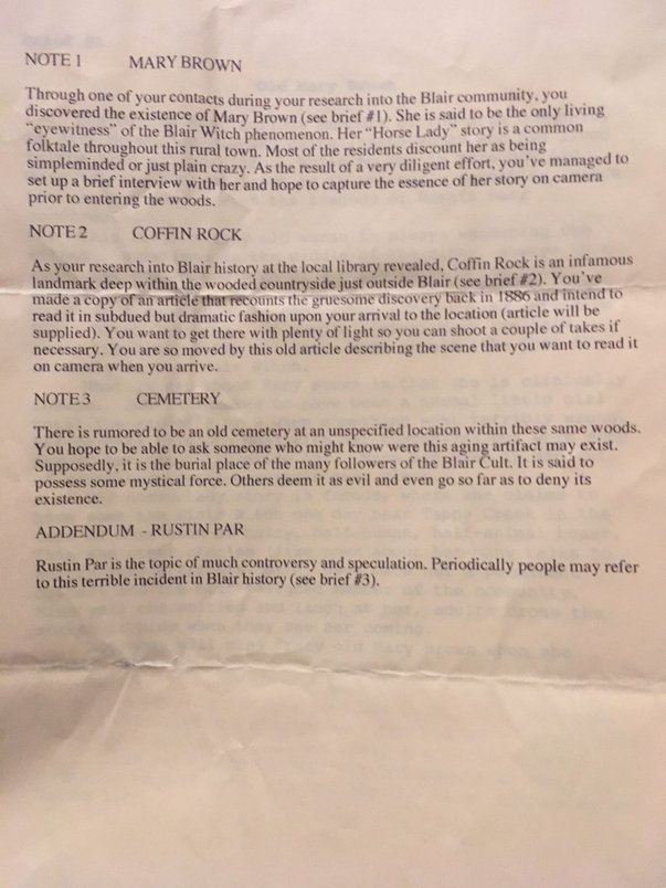 These are the movie studio notes from the The Blair Witch Project (1999) given to each actor. Posting them here to serve as a historical