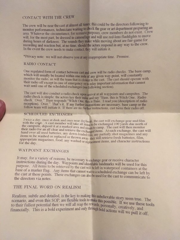 These are the movie studio notes from the The Blair Witch Project (1999) given to each actor. Posting them here to serve as a historical