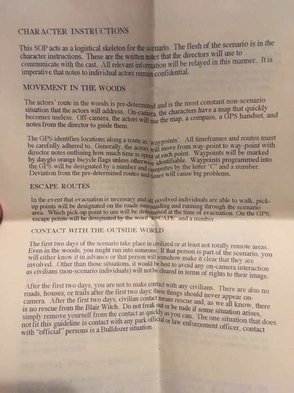 These are the movie studio notes from the The Blair Witch Project (1999) given to each actor. Posting them here to serve as a historical