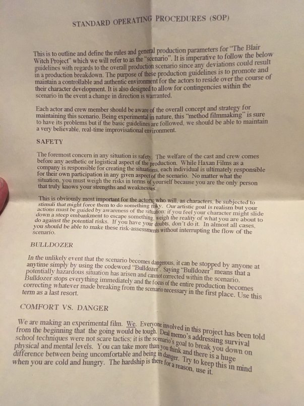 These are the movie studio notes from the The Blair Witch Project (1999) given to each actor. Posting them here to serve as a historical