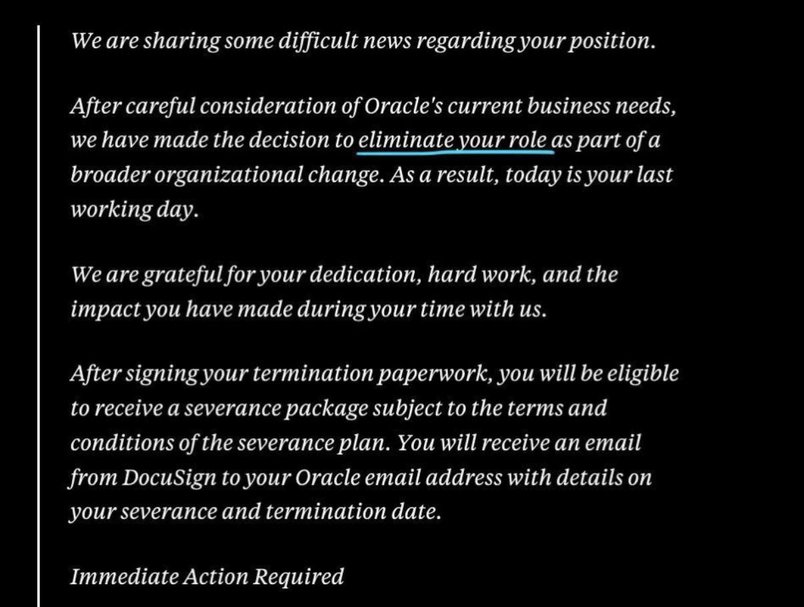 The e-mail sent to Oracle employees terminating their employment