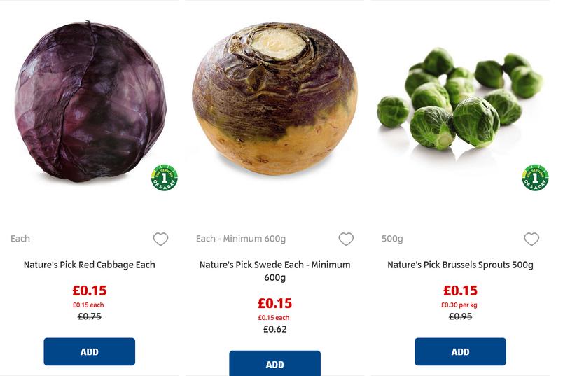 Aldi vegetables only 15p for Parsnips 500g, Sprouts 500g, Carrots 1kg, Potatoes 2kg, Swedes, and Cabbages