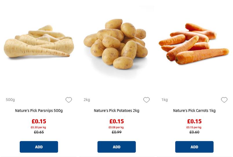 Aldi vegetables only 15p for Parsnips 500g, Sprouts 500g, Carrots 1kg, Potatoes 2kg, Swedes, and Cabbages