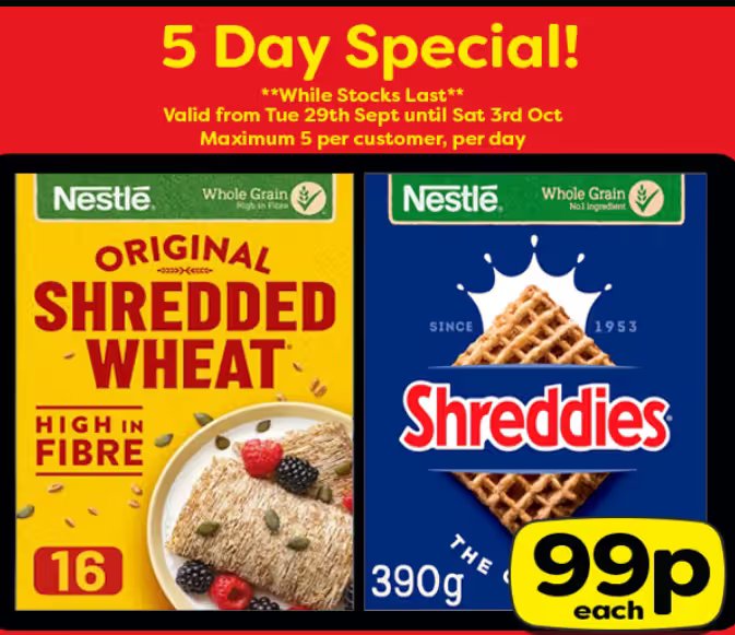 Shredded Wheat 16 pack and Shreddies 390g cereals for 99p