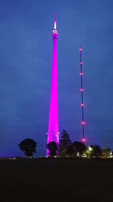 Emley Moor mast and Castle Hill Huddersfield both lit up in honour of Her Majesty Queen Elizabeth II. Taken on the night of her funeral on