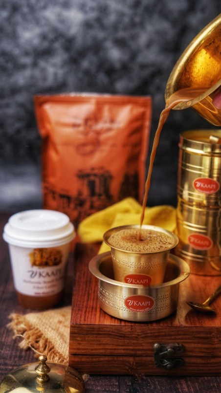 Kaapi, South Indian filter coffee is a traditional drink made from finely ground coffee beans mixed with chicory. Unlike instant coffee that