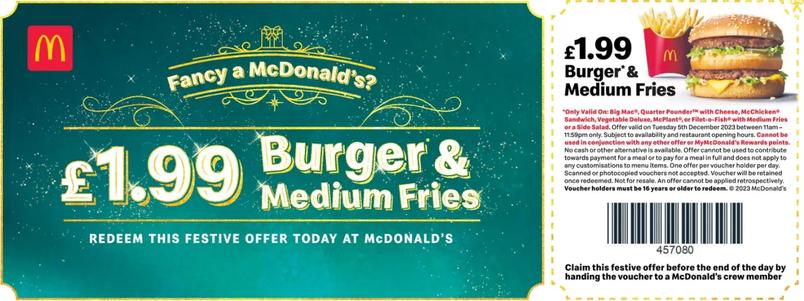 McDonald's Burger & Fries £1.99 voucher - Big Mac, Quarter Pounder with Cheese, McChicken Sandiwch, Veg Deluxe, McPlant, or Filet-o-Fish