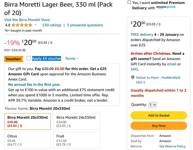Birra Moretti 20 pack beer lager (330 ml) £16 from Amazon