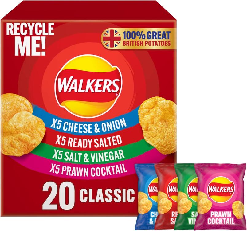 Walkers Variety Multipack Crisps Box 20x25g £3.60 from Amazon (Cheese & Onion, Ready Salted, Salt & Vinegar, Prawn Cocktail)