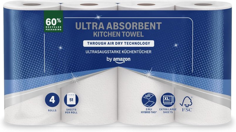 Amazon Ultra-Absorbent TAD Kitchen Roll, 4 Rolls, 45 Sheets Each