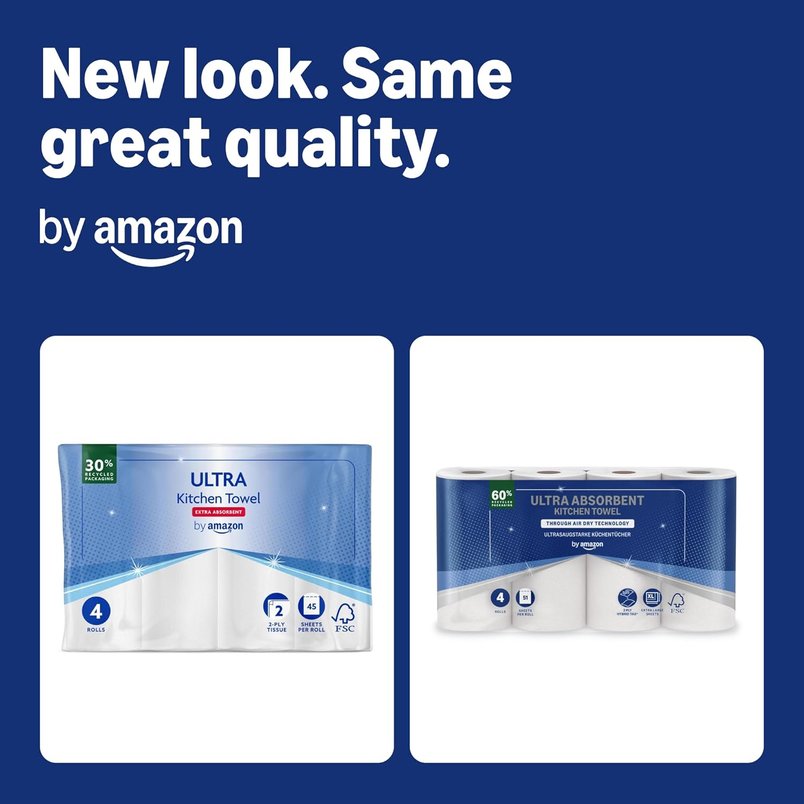 Amazon Ultra-Absorbent TAD Kitchen Roll, 4 Rolls, 45 Sheets Each