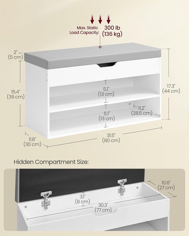 Shoe Bench with Cushion, 3-Compartment Storage, for £28