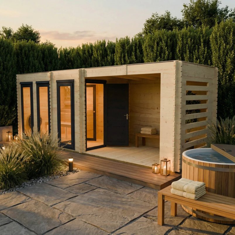 Novi Outdoor Sauna With Changing Room and Large Veranda for £5499