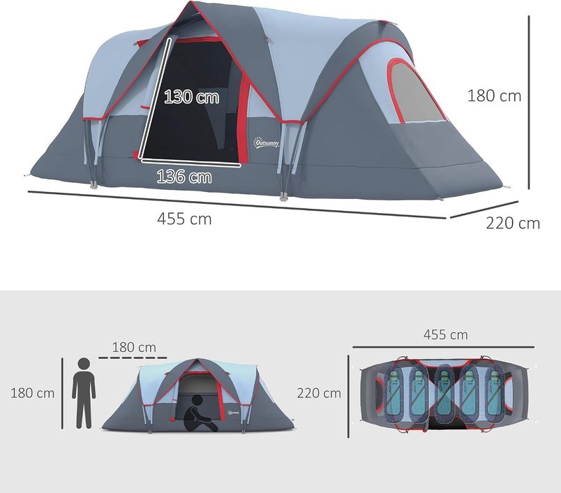 Out sunny 5-Man Tunnel Camping Tent, 3000mm Waterproof, Grey for