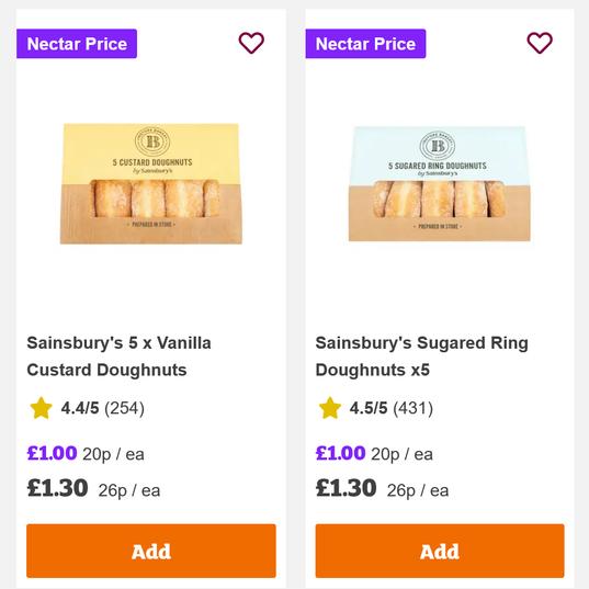 Sainsbury's In-store Bakery Jam / Vanilla Custard / Sugared Ring Doughnuts x5 (Nectar Price)