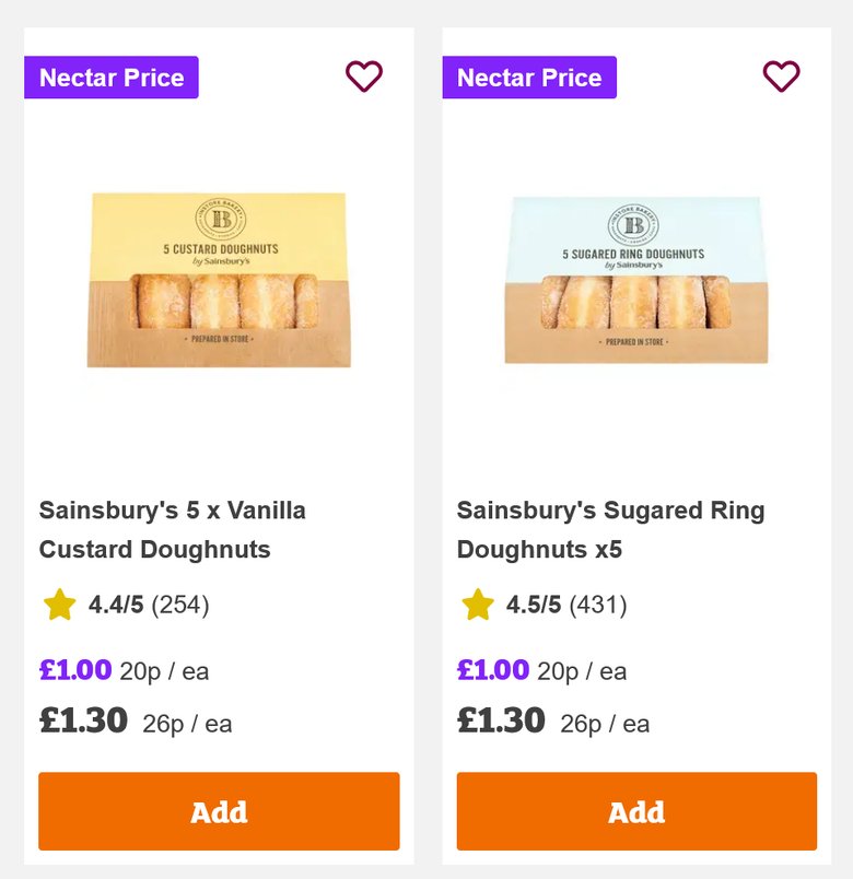 Sainsbury's In-store Bakery Jam / Vanilla Custard / Sugared Ring Doughnuts x5 (Nectar Price)