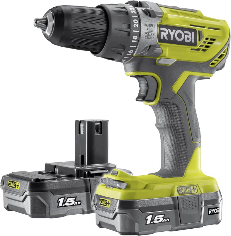 RYOBI 18V ONE+ Cordless Combi Drill Kit, 2× 1.5Ah Batteries for £66.96